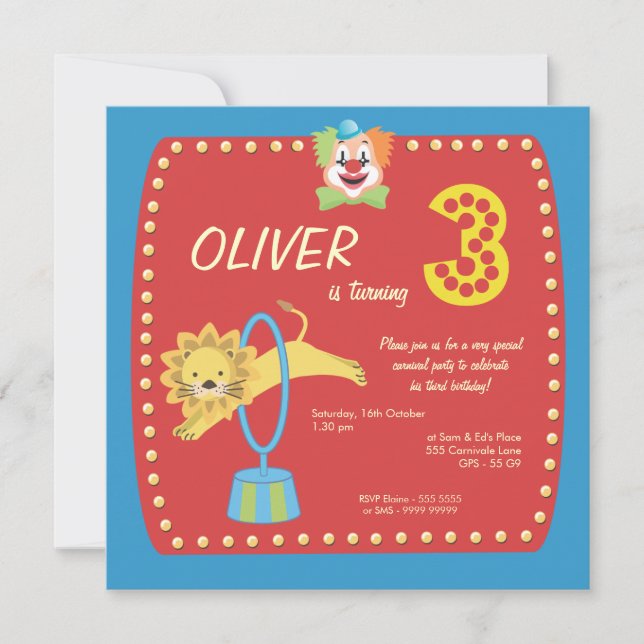 Invitación Payaso de circo Fiesta de tercer cumpleaños (Anverso)