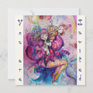 Invitación PAYASO MUSICAL ,rosa azul ,crema de fieltro