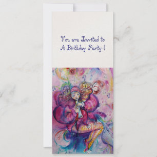 Invitación PAYASO MUSICAL ,rosa azul ,dorado metálico