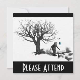 Invitación Payasos con globos, árboles viejos y pájaros negro