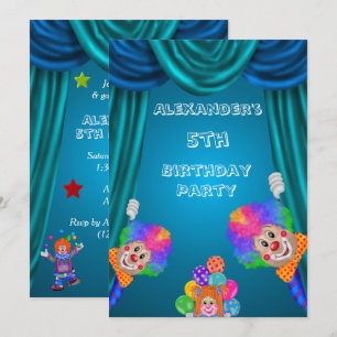 Invitación Payasos Espiando Cumpleaños 5 de Niño Doble Cara