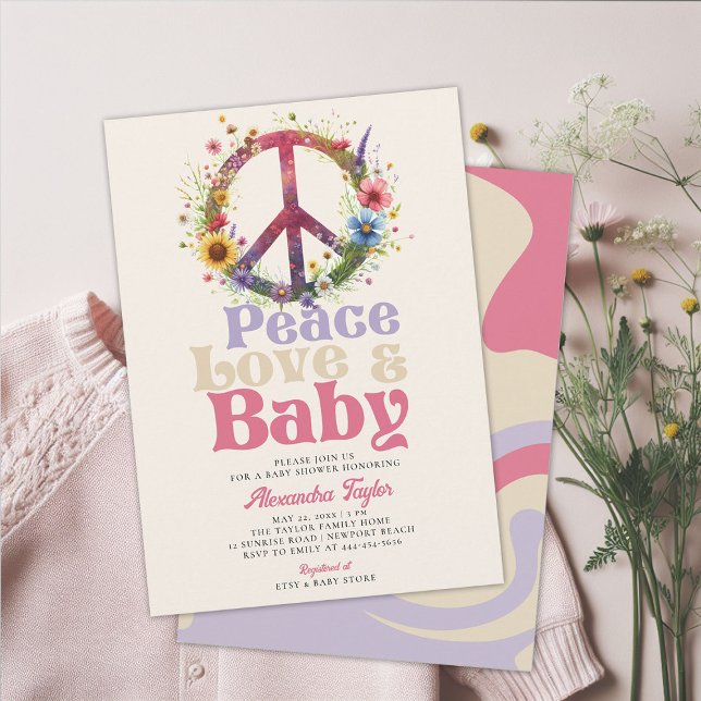 Invitación Paz Amor Bebé Flores salvajes Retro Bebé Ducha (peace love baby groovy hippie retro vintage girl shower invitation blue pink purple beige)