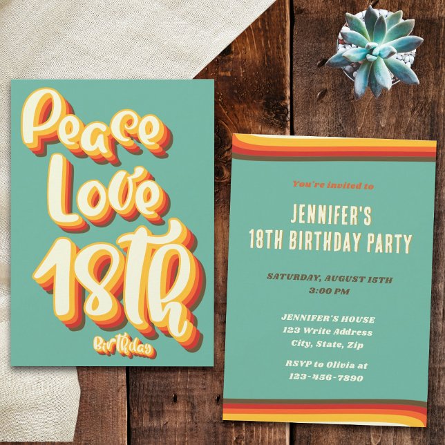 Invitación Paz Amor Retro Groovy Atardecer Cumpleaños 18 (Front and Back)