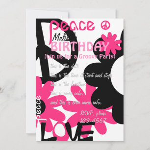 Invitación Paz, amor y Fiesta en rosa caliente y negro