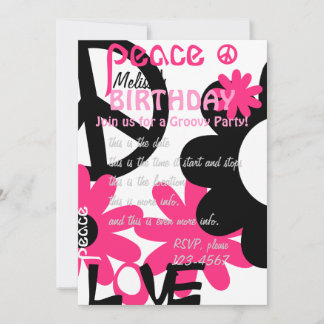 Invitación Paz, amor y Fiesta en rosa caliente y negro