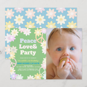 Invitación Paz Amor y Fiesta Foto Verde Primer cumpleaños