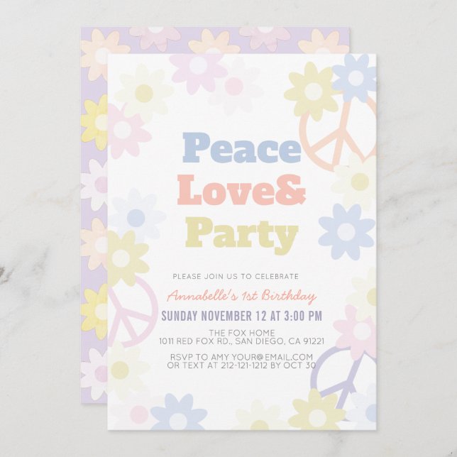 Invitación Paz Amor y Fiesta Primer Cumpleaños (Anverso / Reverso)