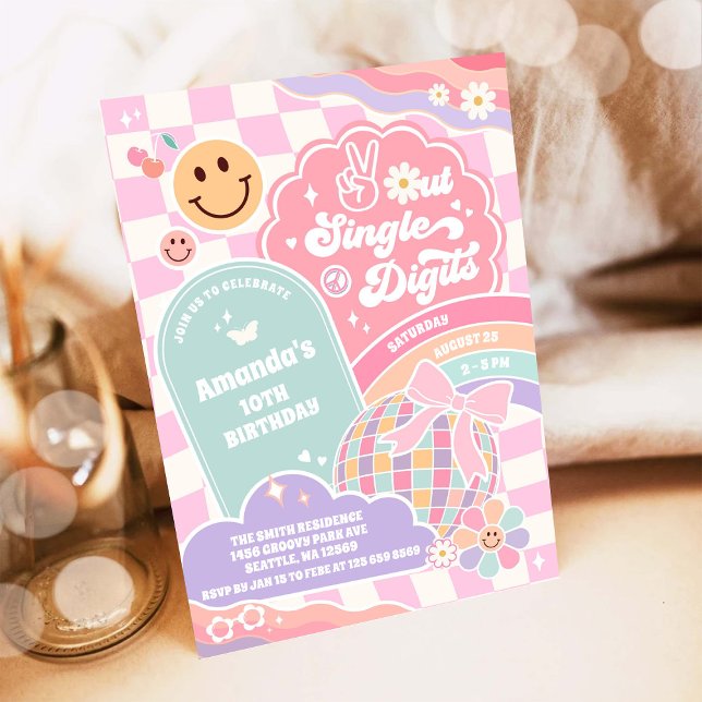 Invitación Paz Fuera Cumpleaños Arcoíris Disco Dígitos Simple (Subido por el creador)