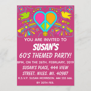 Invitación Paz y Amor. Fiesta con tema de los 60.