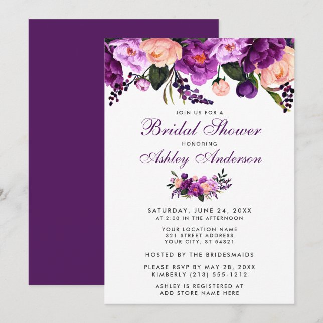 Invitación PB a ducha de novia con flores moradas  (Anverso / Reverso)
