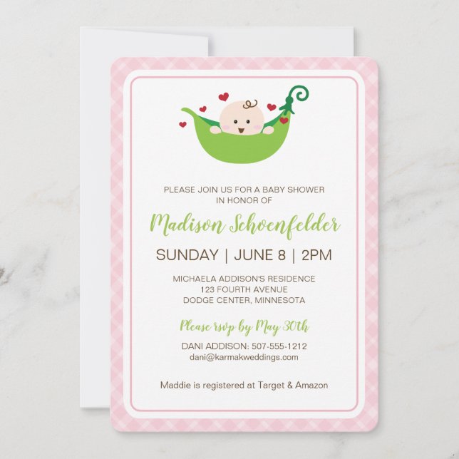 Invitación Pea in the Pod Baby Shower Invitation (Chica) (Anverso)