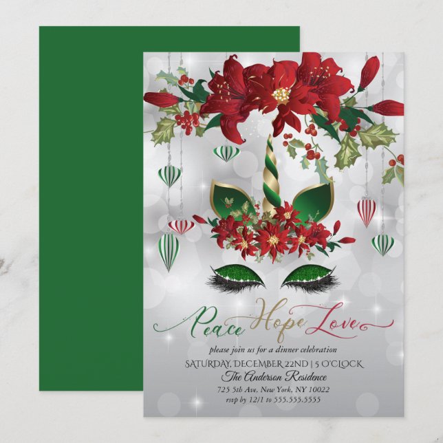 Invitación Peace Hope Love Holiday Celebración Unicorn (Anverso / Reverso)