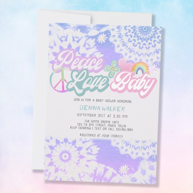 Invitación Peace Love Baby Groovy Pastel Tie Dye Baby Shower (Subido por el creador)