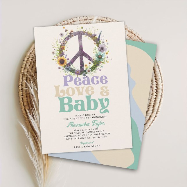 Invitación Peace Love Baby Wildflowers Baby Shower neutral (peace love baby groovy hippie retro vintage gender neutral shower invitation blue green lilac beige)