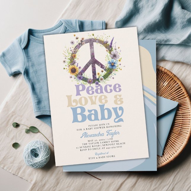Invitación Peace Love Baby Wildflowers Retro Baby Boy Shower (peace love baby groovy hippie retro vintage boy shower invitation blue brown)