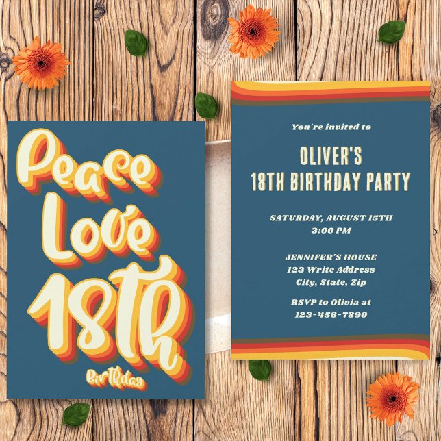 Invitación Peace Love Blue Retro Groovy Sunset 18º cumpleaños (Front and Back)