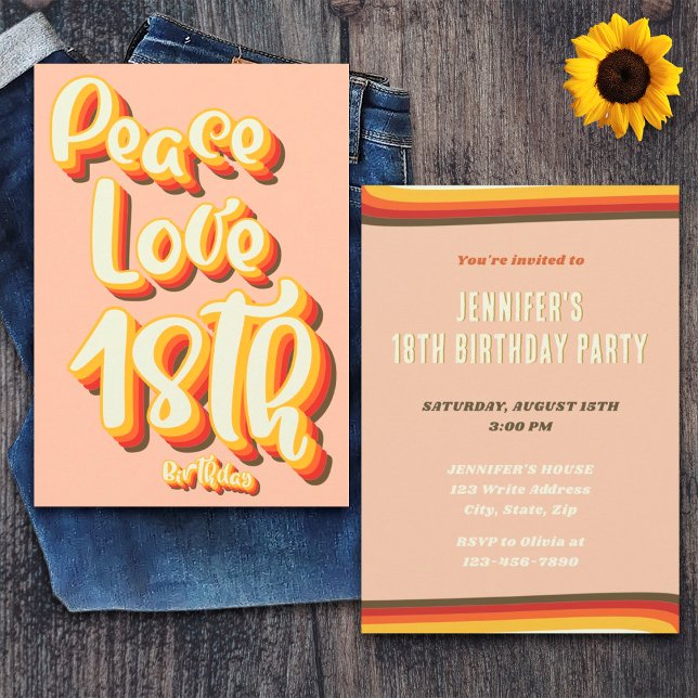 Invitación Peace Love Peach Retro Groovy Sunset 18º cumpleaño (Front and Back)