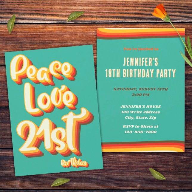 Invitación Peace Love Retro Groovy Sunset 21º cumpleaños (Front and Back)