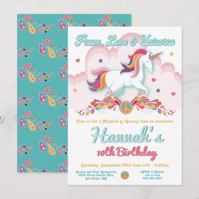 Invitación Peace Love y Unicornios Hippie BIrthday Party (Anverso / Reverso)