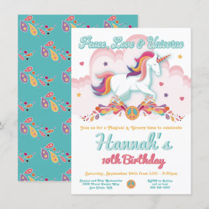 Invitación Peace Love y Unicornios Hippie BIrthday Party