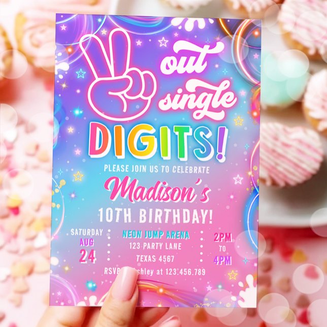 Invitación Peace Out Single Digits Neon Glow Girl Birthday (Subido por el creador)
