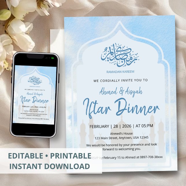 Invitación Peaceful Blue Watercolor Mosque Arch Iftar (Subido por el creador)