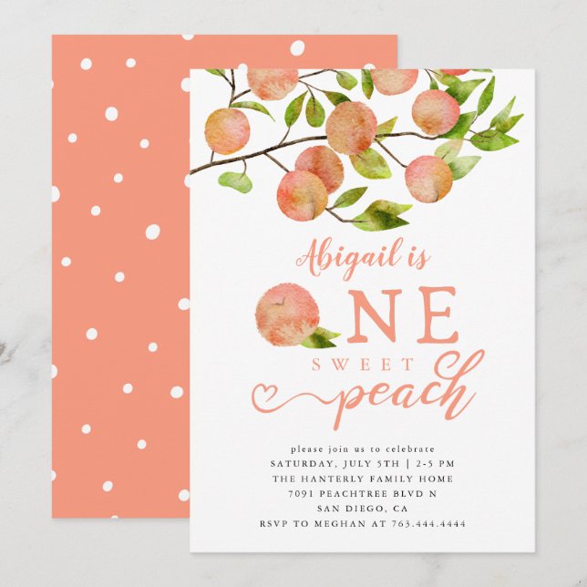 Invitación Peach 1st Birthday Party (Anverso / Reverso)