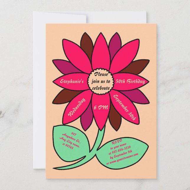 Invitación Peach 50th Birthday Simple Red Sunflower (Anverso)