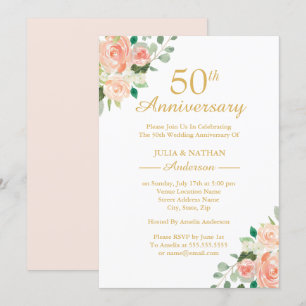 Invitación Peach Acuarela Floral 50 Aniversario de Boda