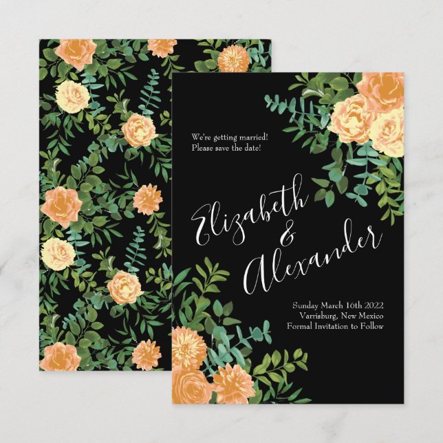 Invitación Peach and Black Peony Rosa Boda Save Date (Anverso / Reverso)