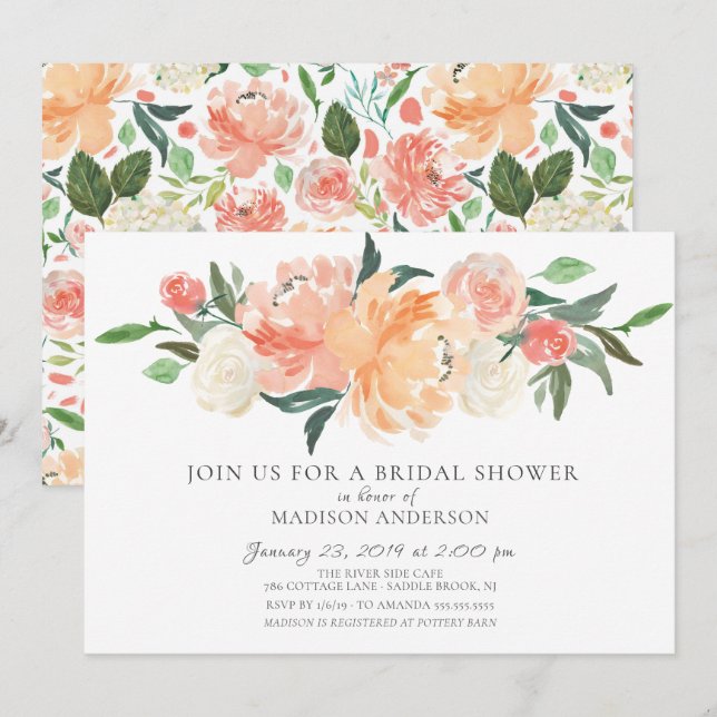 Invitación Peach and Cream Floral Bridal Shower (Anverso / Reverso)