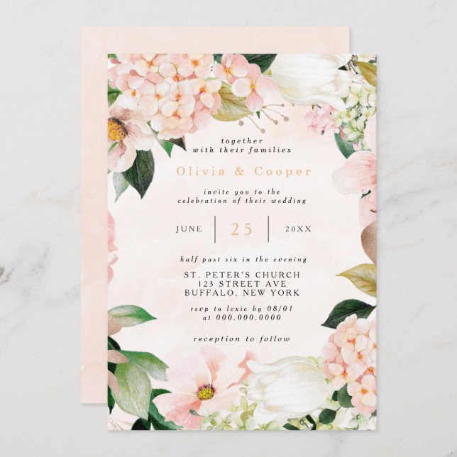 Invitación Peach and Cream Hydrangeas Tulip Moda Boda (Anverso / Reverso)