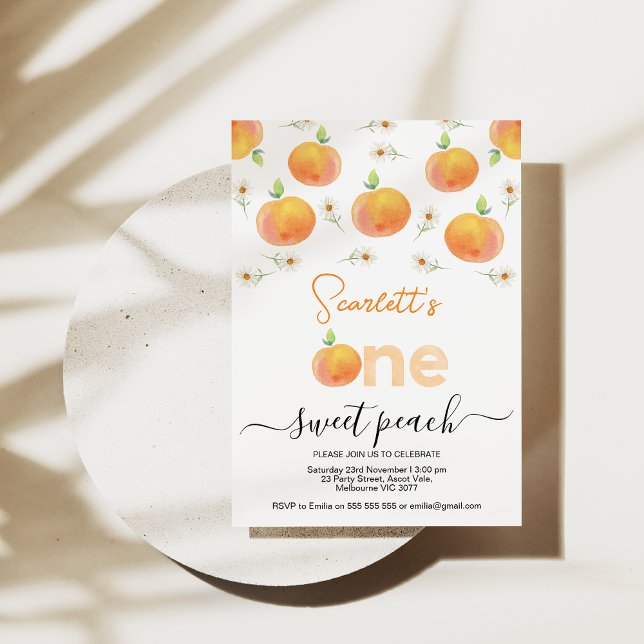 Invitación Peach And Daisy One Sweet Peach Primer Cumpleaños (Girls One Sweet Peach First Birthday Invitations, One Sweet Peach invite, 1st Birthday Invitations)