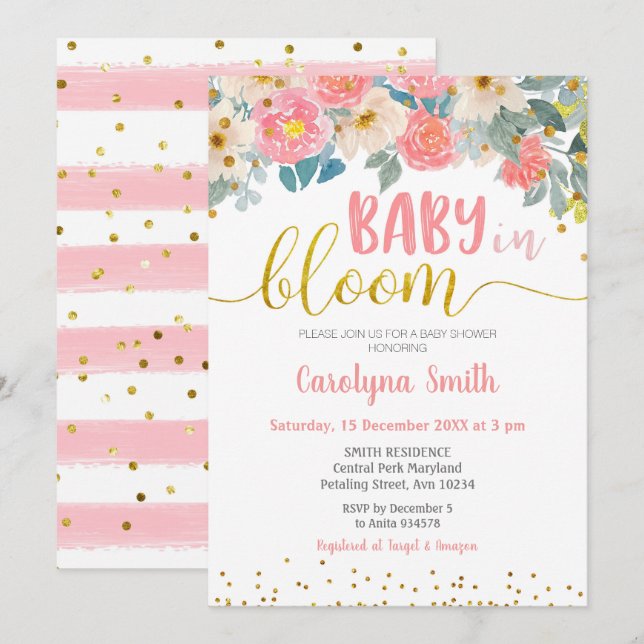 Invitación Peach and Gold Baby en flor (Anverso / Reverso)