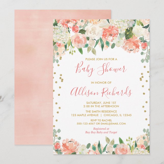 Invitación Peach and gold purpurina chica floral ducha de beb (Anverso / Reverso)