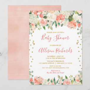 Invitación Peach and gold purpurina chica floral ducha de beb