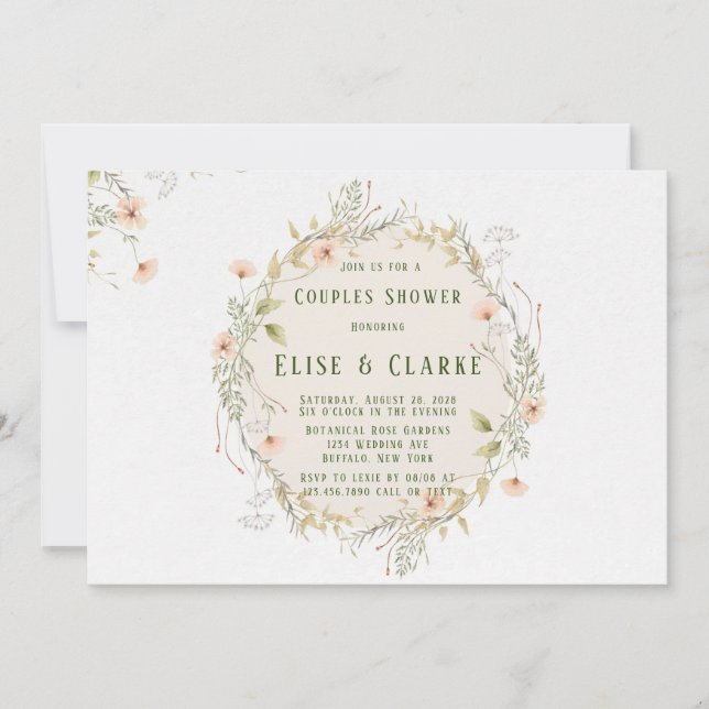 Invitación Peach and Green Wildflowers Wreath Couples Shower (Anverso)