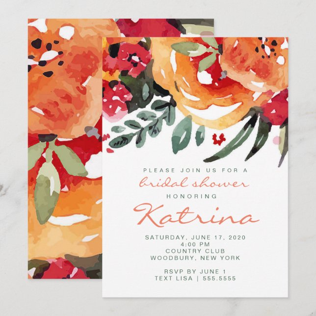 Invitación Peach and Greeneration Watercolor Floral Bridal Sh (Anverso / Reverso)