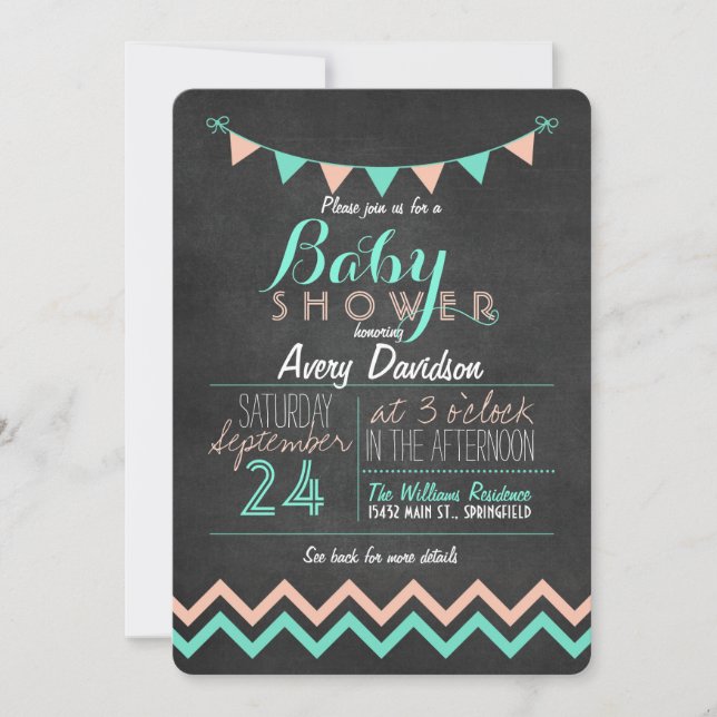 Invitación Peach and Mint Bunting Flag Chalkboard Baby Shower (Anverso)