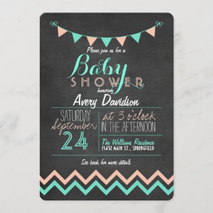 Invitación Peach and Mint Bunting Flag Chalkboard Baby Shower