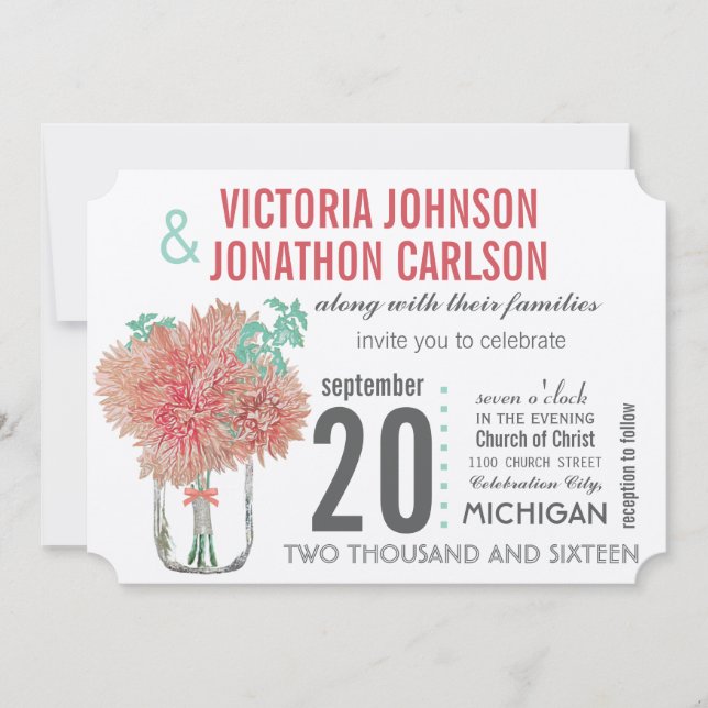 Invitación Peach and Mint Chrysanthemum Mason Jar Boda (Anverso)