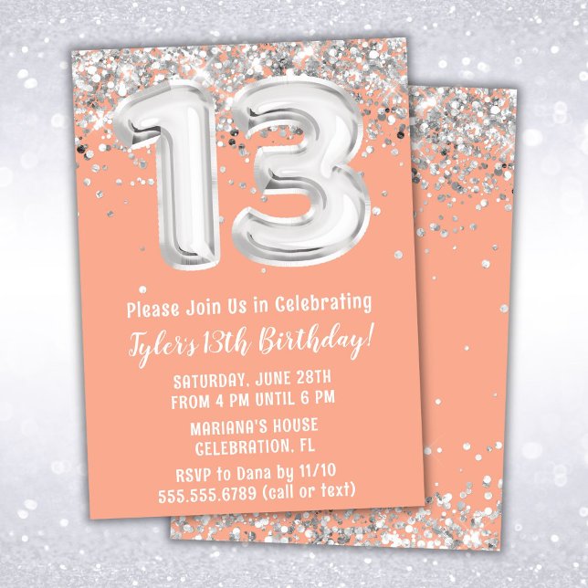 Invitación Peach and Silver 13° cumpleaños (Subido por el creador)