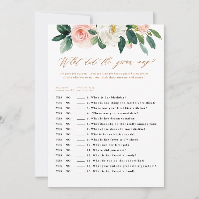 Invitación Peach and White Floral Groom dice juego (Anverso)