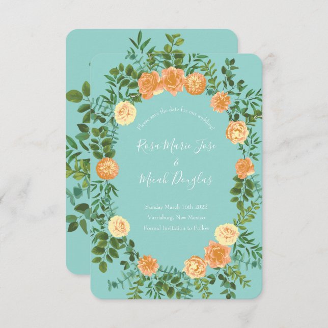 Invitación Peach & Aqua Peony Rosa Boda Floral Save Date (Anverso / Reverso)