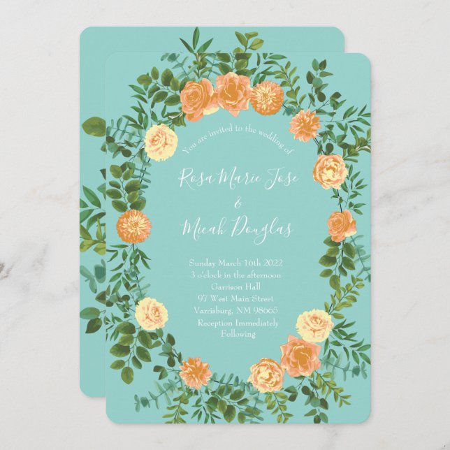 Invitación Peach & Aqua Peony y Rosa Boda Floral (Anverso / Reverso)