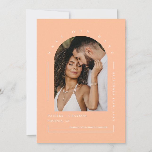 Invitación Peach Arch Photo QR Code Guardar nuestra fecha (Anverso)