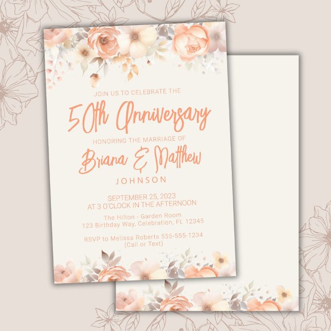 Invitación Peach Beige Ivory Floral 50° aniversario Boda (Subido por el creador)