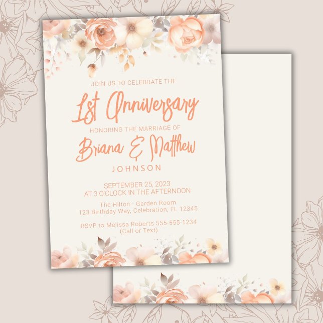 Invitación Peach Beige Ivory Floral Primer aniversario Boda (Subido por el creador)