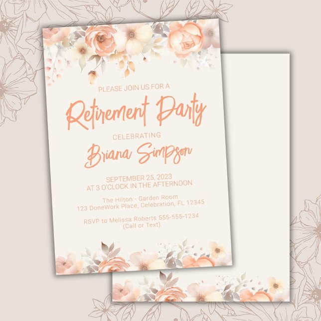 Invitación Peach Beige Ivory Flowers Fiesta de Jubilación Flo (Subido por el creador)
