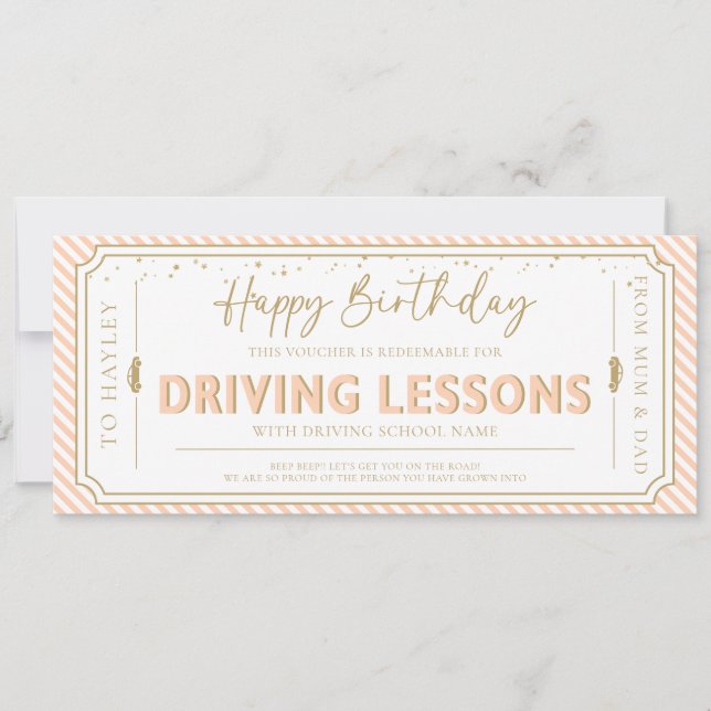Invitación Peach Birthday Driving Lessons Gift Voucher Card (Anverso)